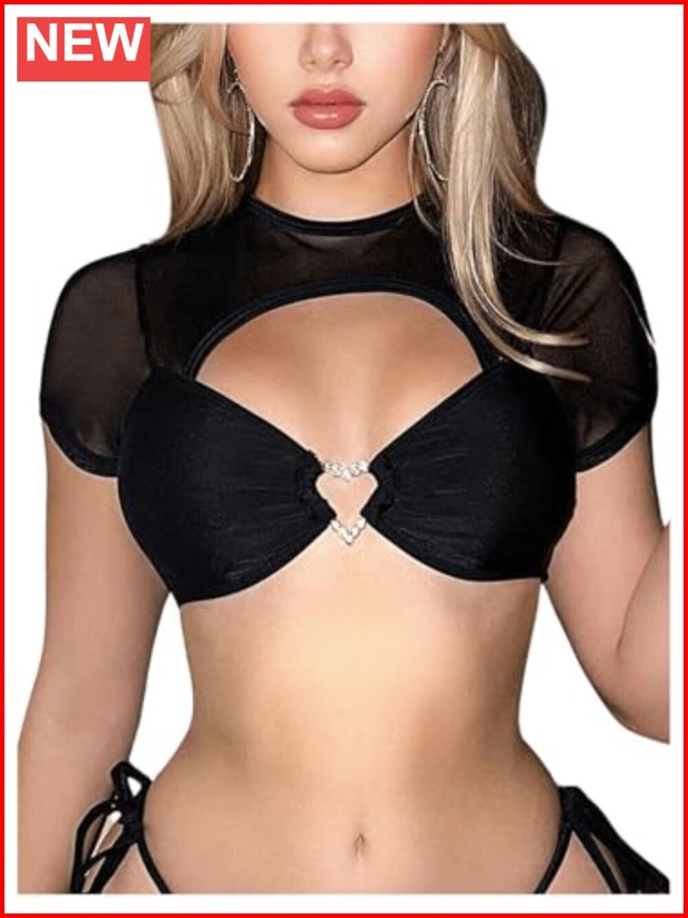 Sheer Rhinestone Bikini Top Short Sleeve Cut Out Micro Crop Swimwear